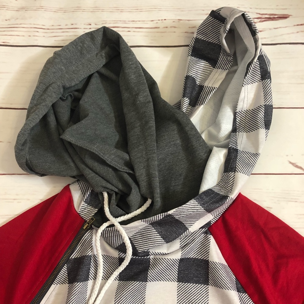 Black White Grey Red Plaid Double Hooded Hoodie - Picture 6 of 8